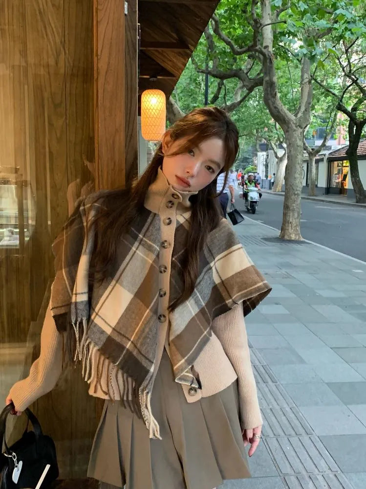 Esther Plaid Cape Knitted High Neck Down Button Poncho Sweater
